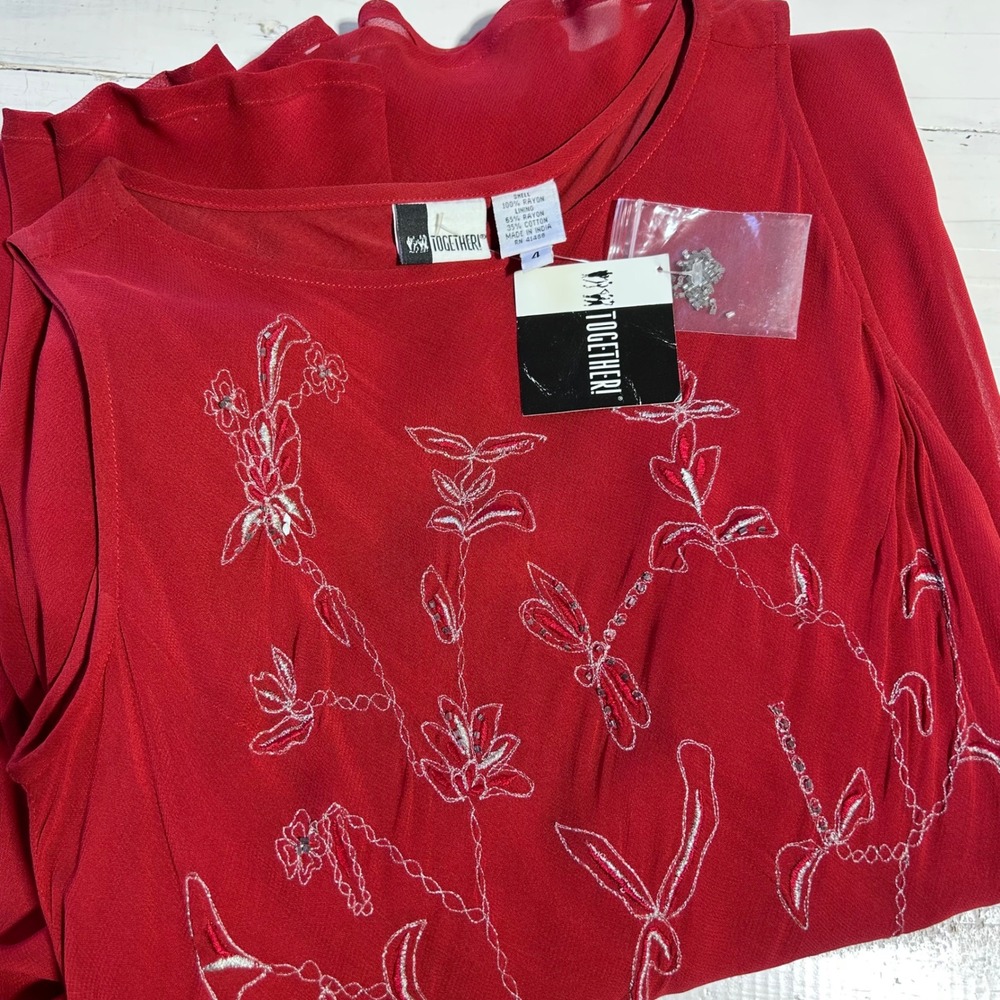 Together! Red‎ Embroidered Dragonfly Floral Beaded Maxi Dress Sleeveless Sz 4